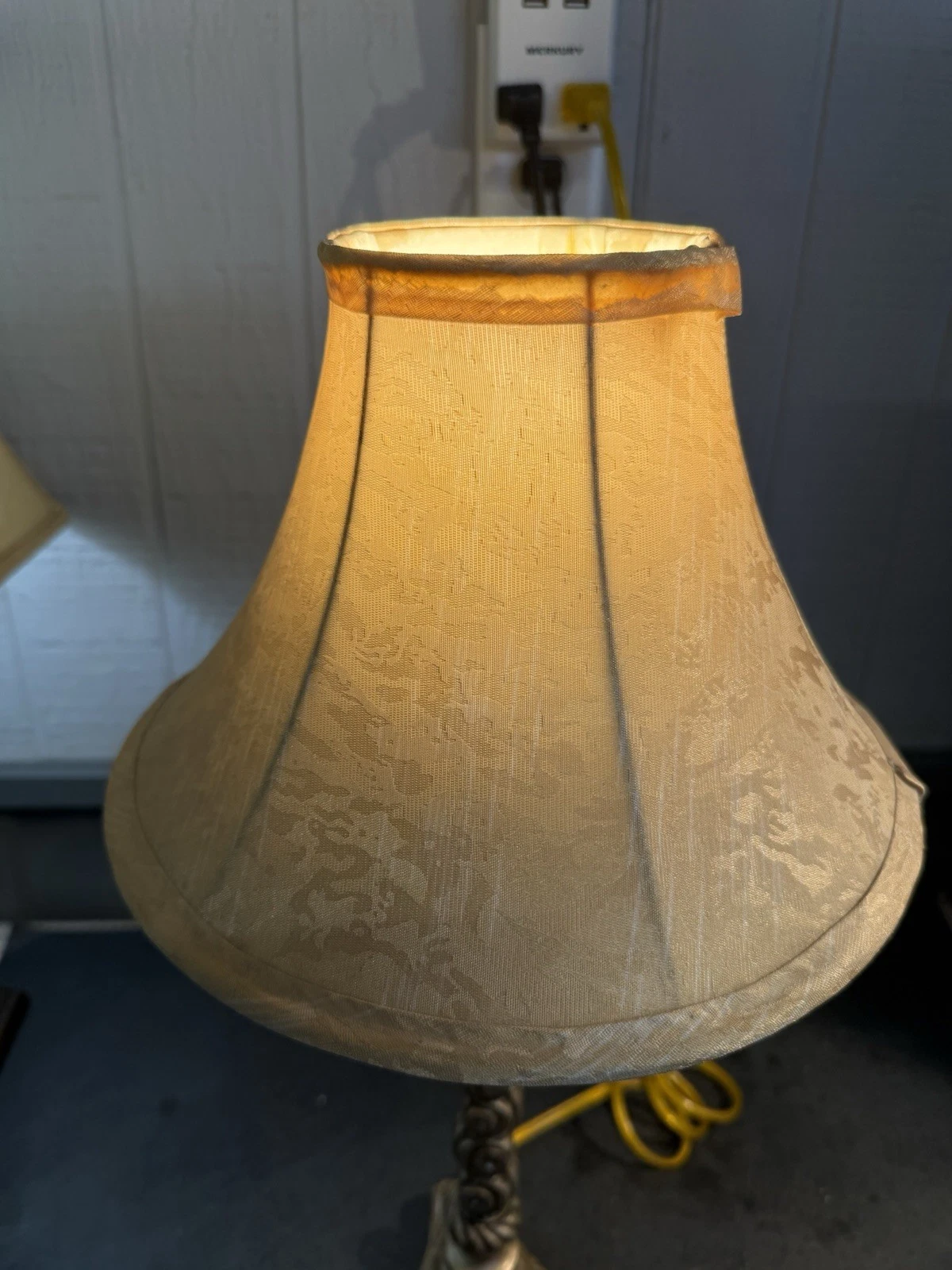 Vintage Ornate Gold Metal Table Lamp with Scroll Base & Damask Shade