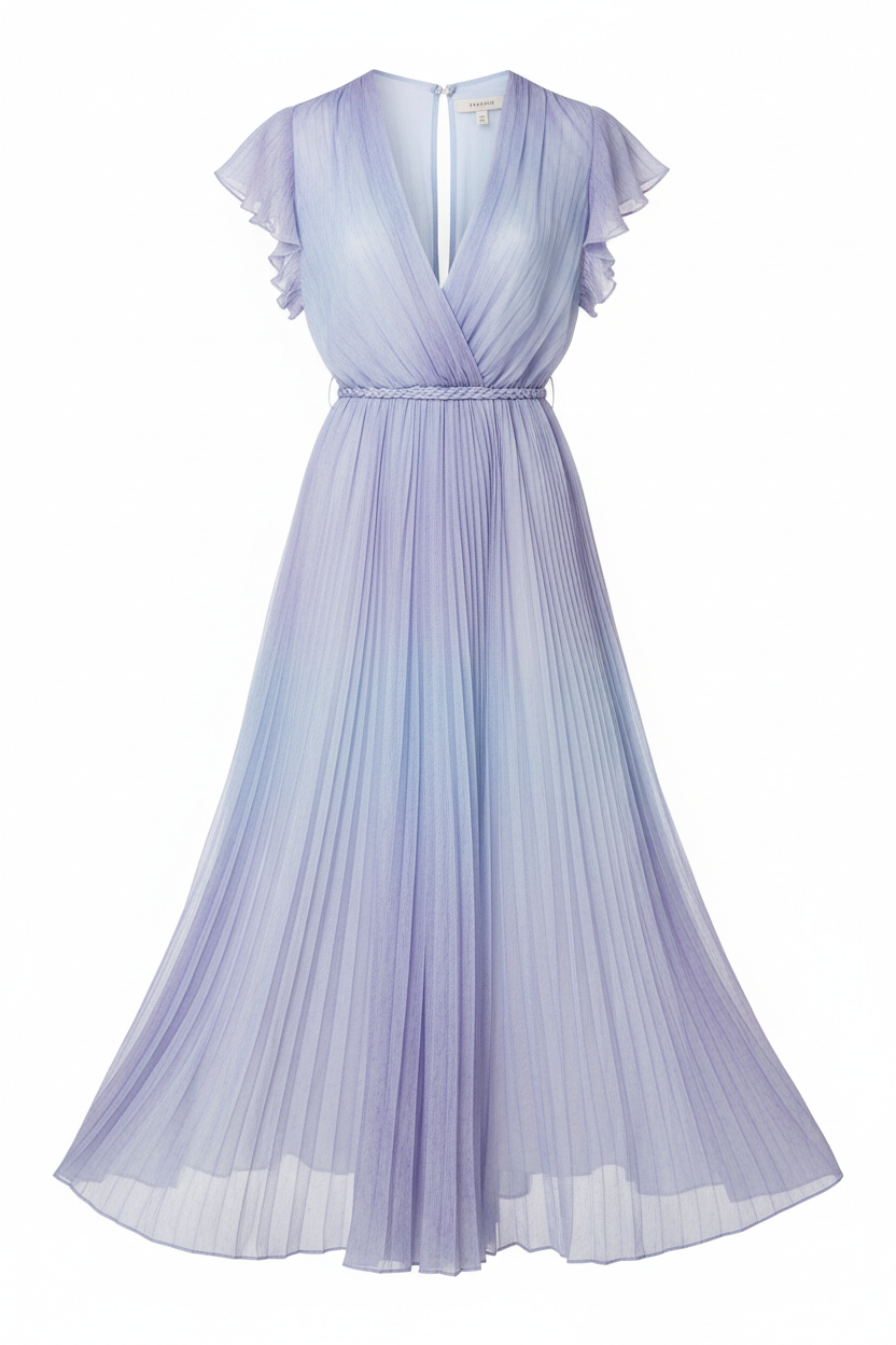 Soft pleated v-neck midi summer dress for women in light pastel fabric