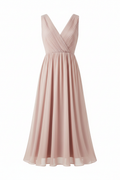 Soft pleated V-neck summer midi dress on white background, no model