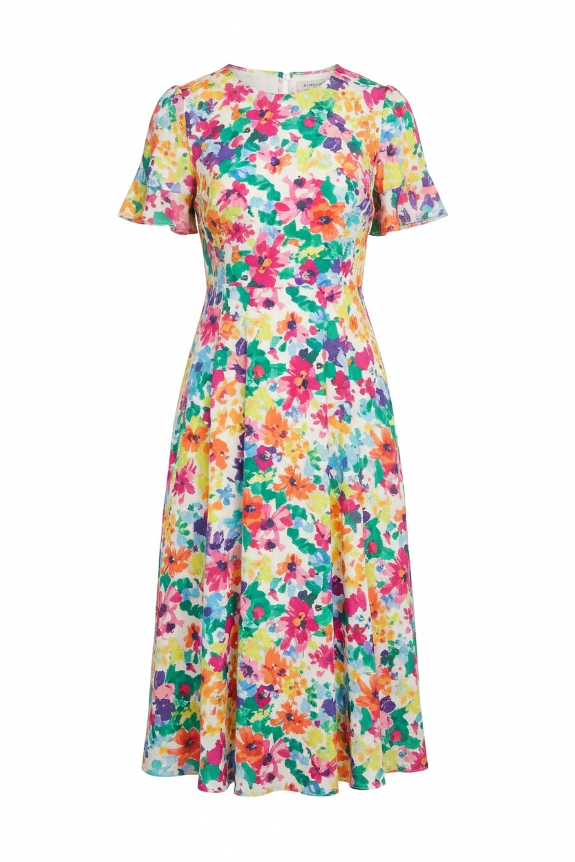 Blooming Garden Floral Print A-Line Midi Dress - vibrant multicolor floral pattern on light fabric, full length product view