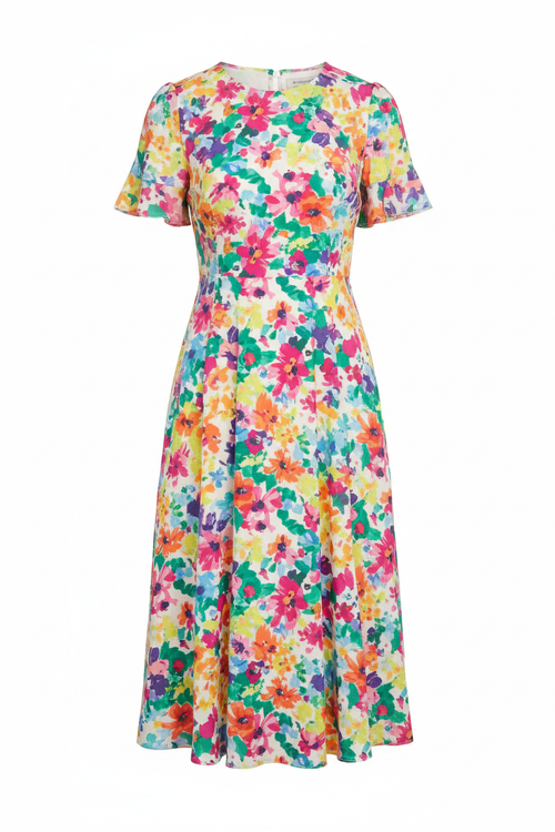 Blooming Garden Floral Print A-Line Midi Dress - vibrant multicolor floral pattern on light fabric, full length product view