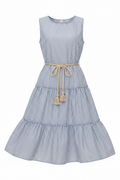 Sleeveless tiered A-line casual day dress on white background