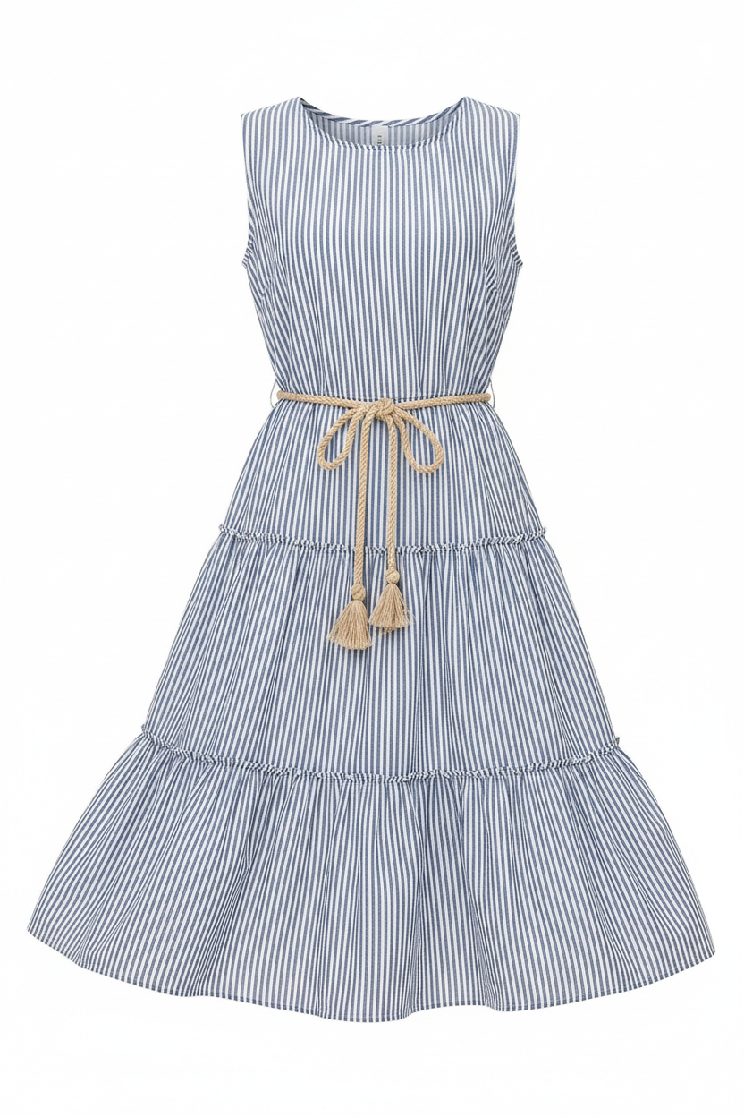 Sleeveless tiered A-line casual day dress on white background