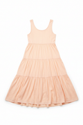 Sleeveless tiered flowy day dress flat lay on white background