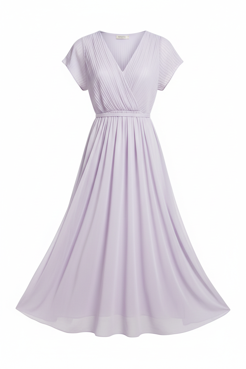Women's soft pleated V-neck summer dress in a flowy A-line midi silhouette