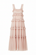 Sleeveless tiered ruffle casual day dress on solid white background