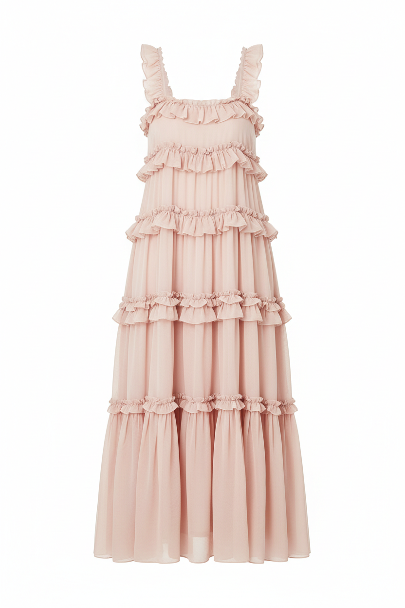 Sleeveless tiered ruffle casual day dress on solid white background