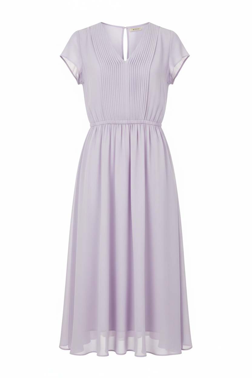Soft pleated V-neck A-line summer dress for women in light pastel color on white background