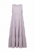 Sleeveless tiered A-line casual day dress on solid white background