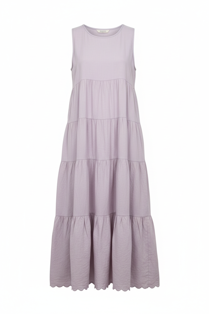Sleeveless tiered A-line casual day dress on solid white background