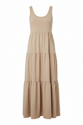 Sleeveless tiered casual day dress on white background