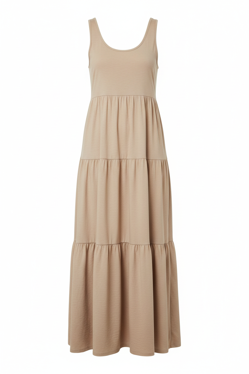Sleeveless tiered casual day dress on white background