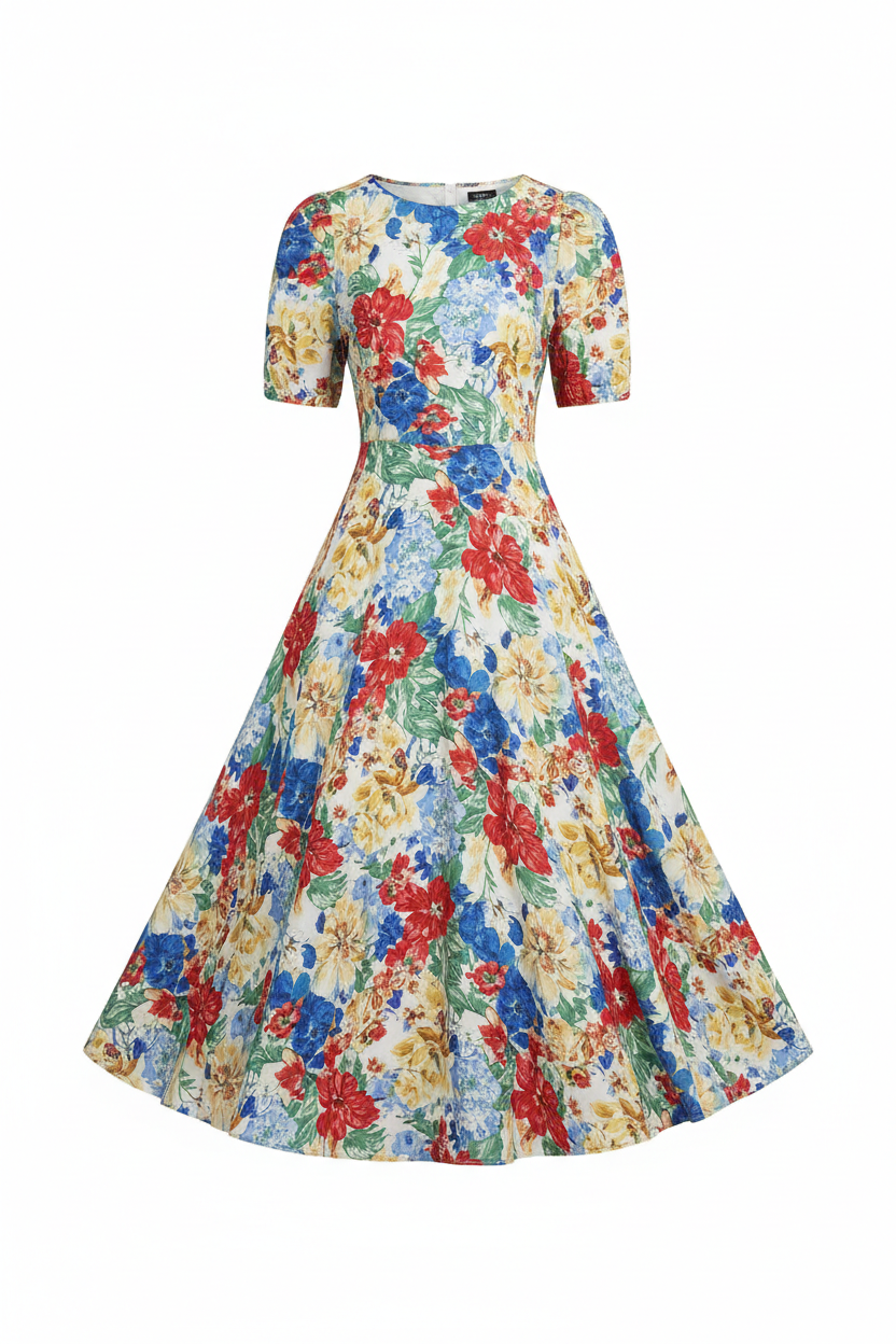 Women's floral print A-line midi dress with colorful flower pattern on white background