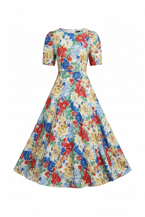 Women's floral print A-line midi dress with colorful flower pattern on white background