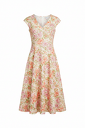 Women's floral print A-line midi dress in multicolor pink and green floral pattern on cream fabric, V-neckline, short sleeves, midi length