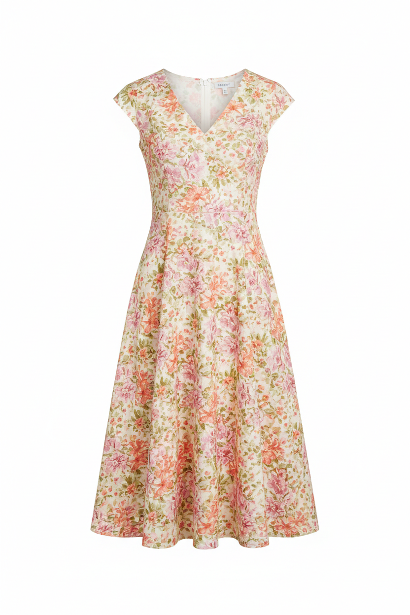 Women's floral print A-line midi dress in multicolor pink and green floral pattern on cream fabric, V-neckline, short sleeves, midi length