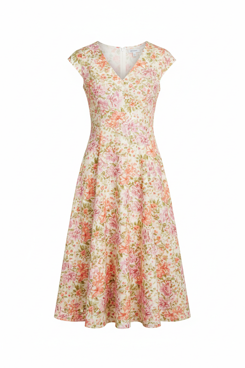 Women's floral print A-line midi dress in multicolor pink and green floral pattern on cream fabric, V-neckline, short sleeves, midi length