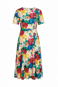 Women's floral print A-line midi dress on white background