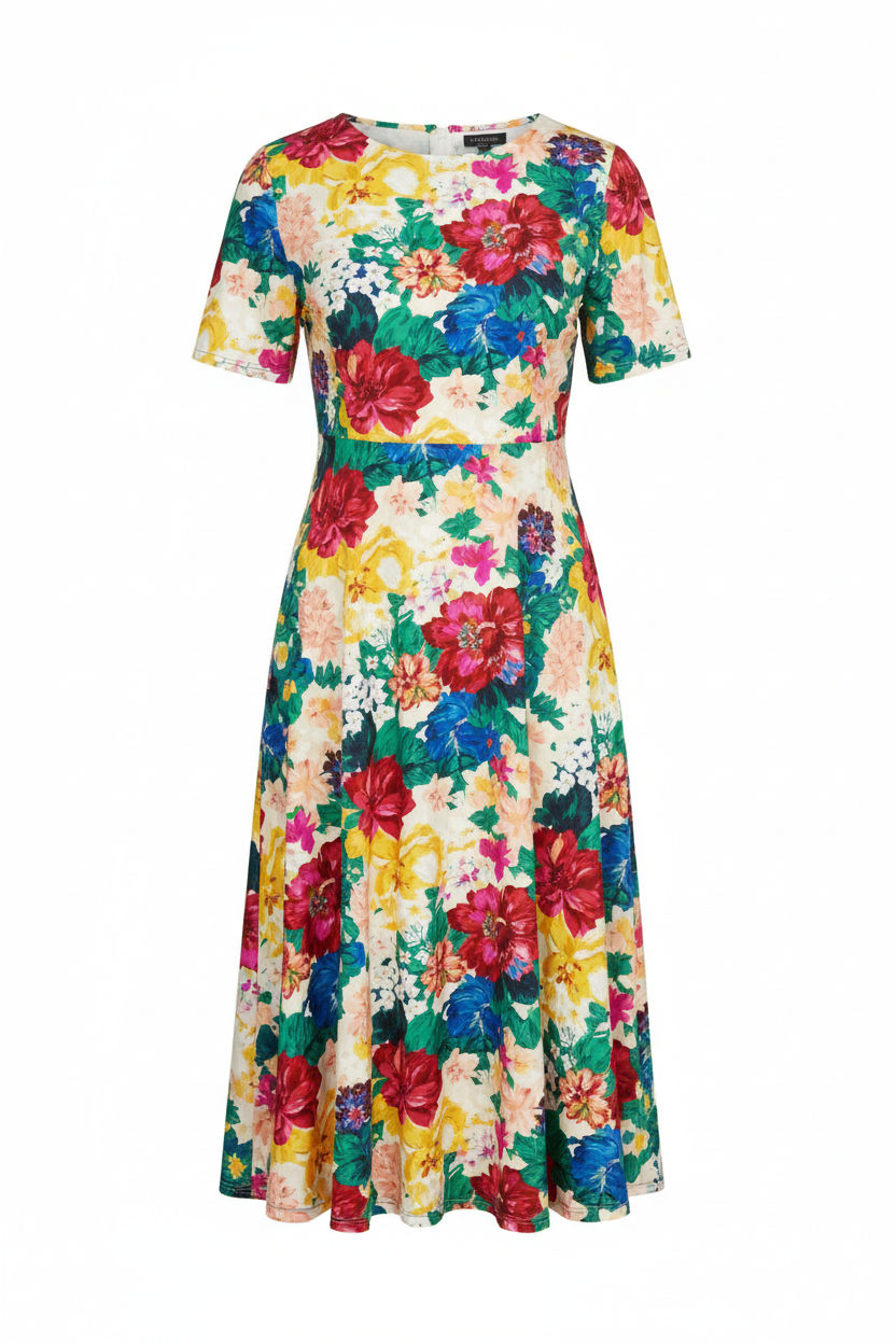 Women's floral print A-line midi dress on white background